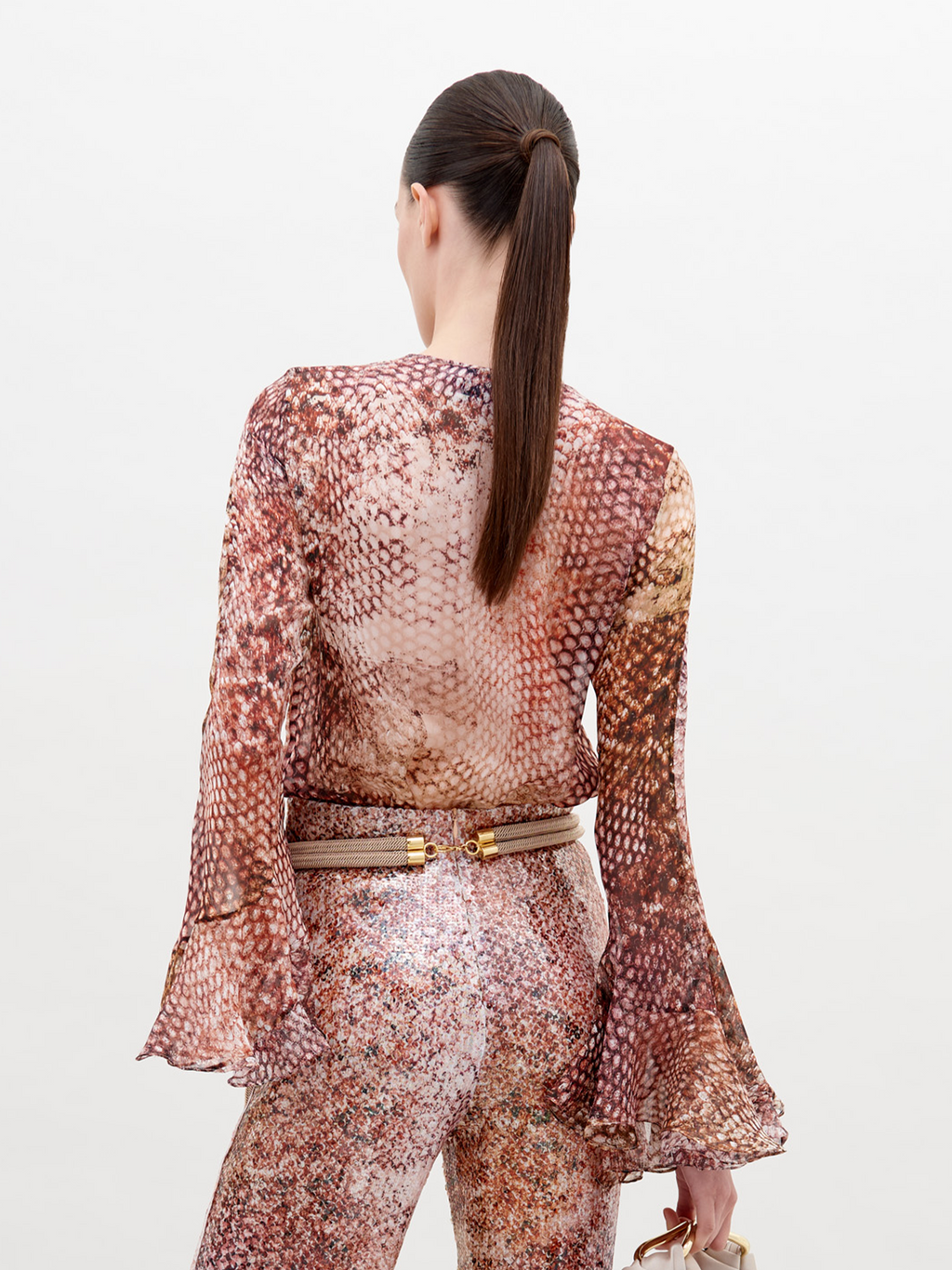 Snake-Print Flare-Sleeve Long-Sleeve Top