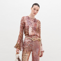 Snake-Print Flare-Sleeve Long-Sleeve Top