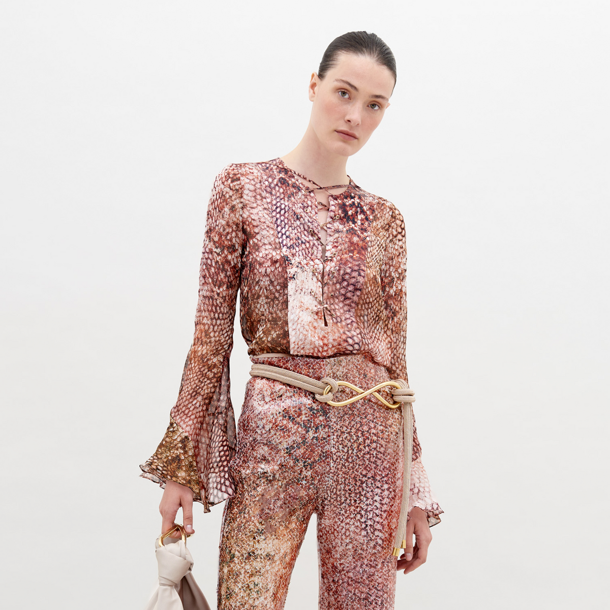 Snake-Print Flare-Sleeve Long-Sleeve Top