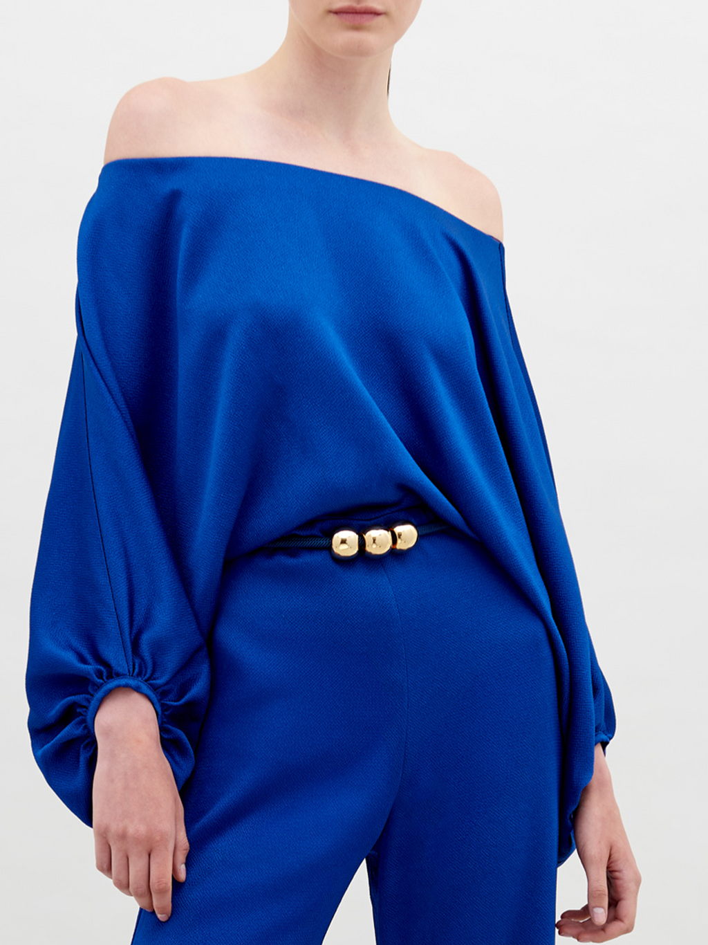 Gold-Buckle Lantern-Sleeve Wide-Leg Set