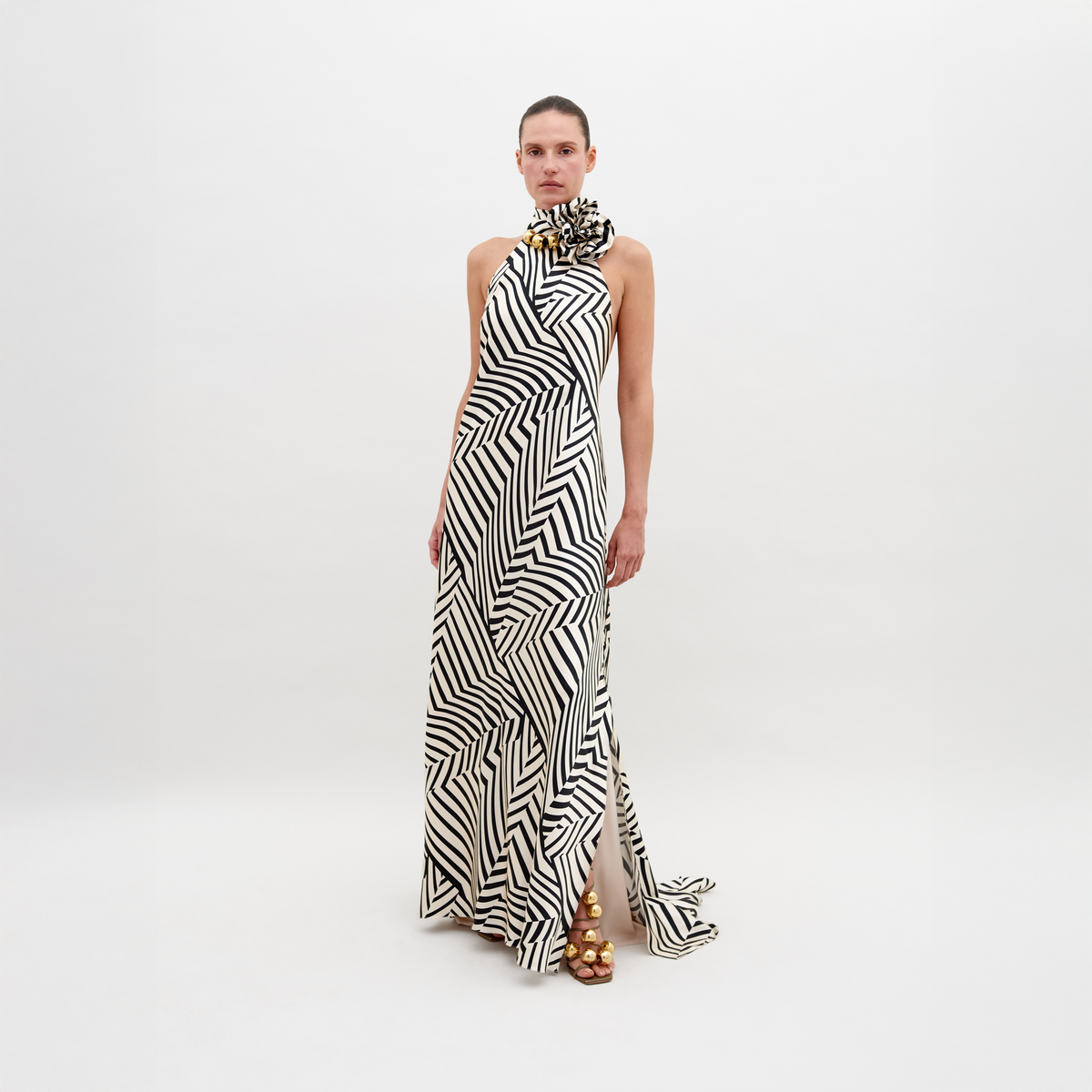 Black White Halter Maxi Dress