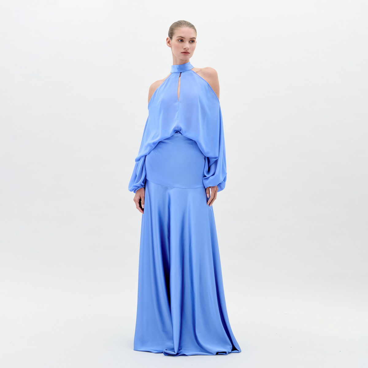 Blue Off-shoulder Long-sleeve Long Dress