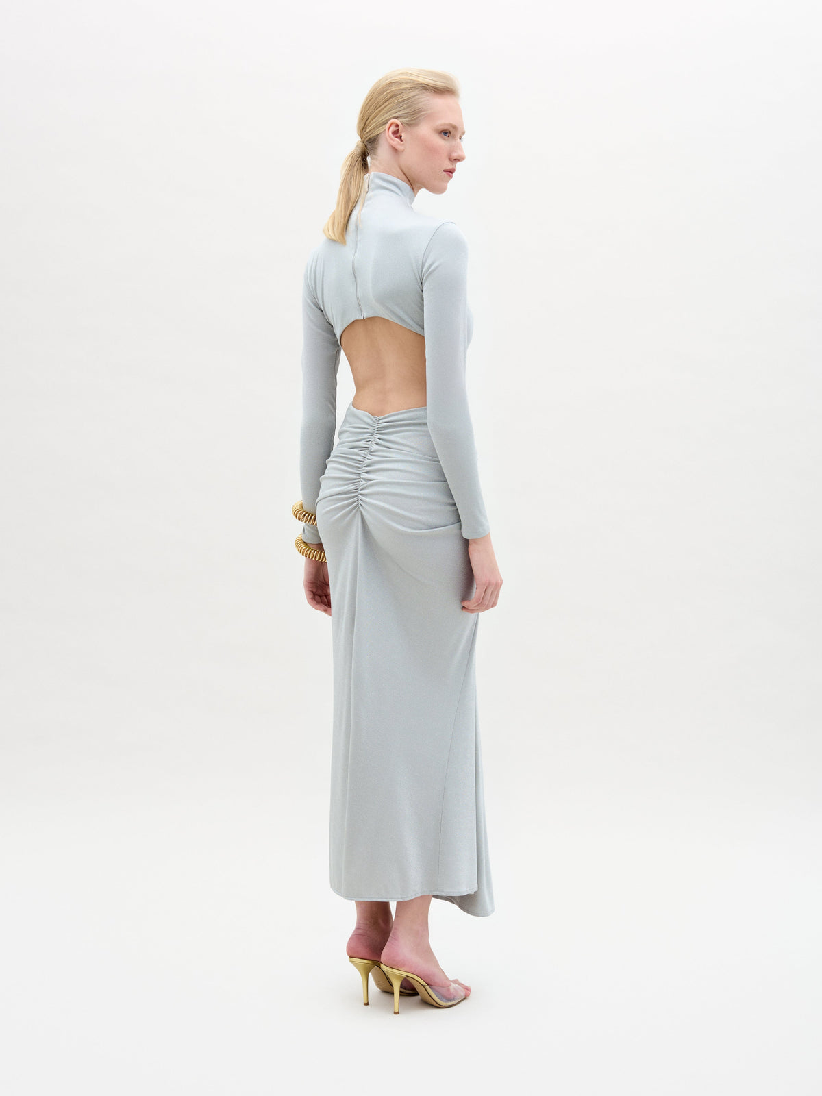 Waist Ornamented High-neck Drapey Maxi Dress