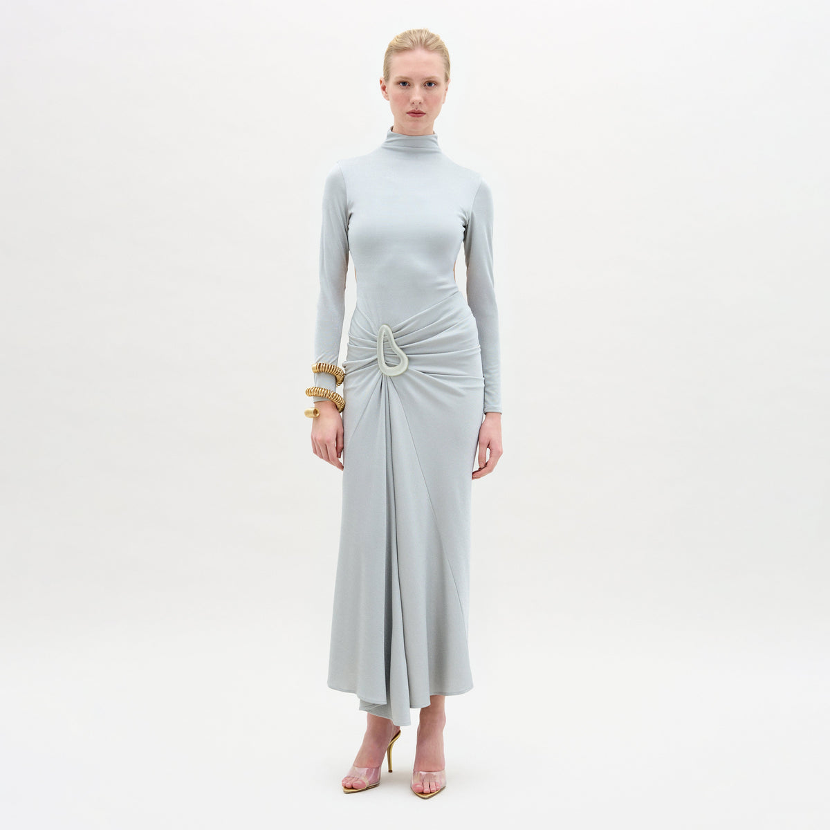 Waist Ornamented High-neck Drapey Maxi Dress
