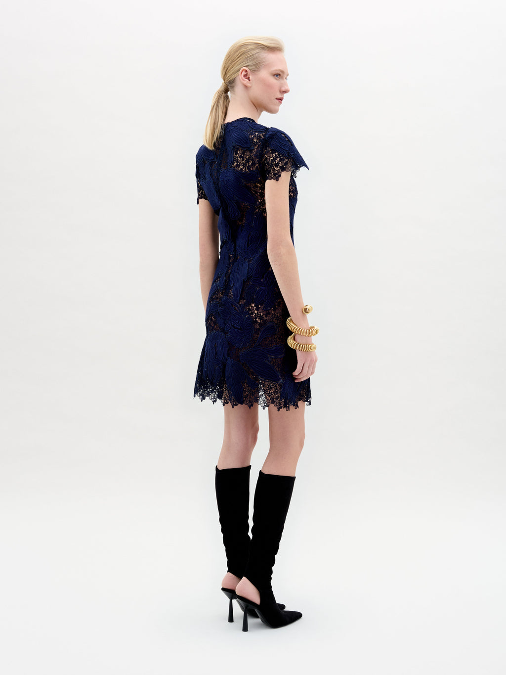 Navy Blue Lace Short-Sleeve Dress
