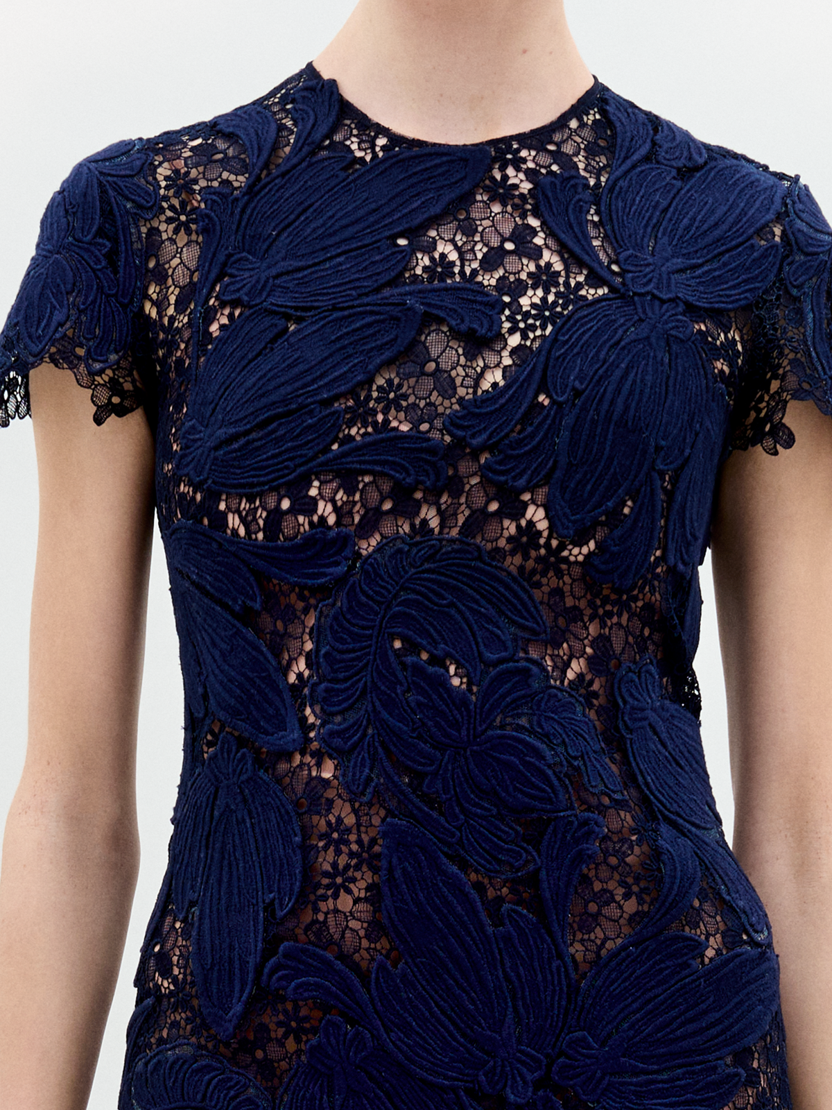 Navy Blue Lace Short-Sleeve Dress