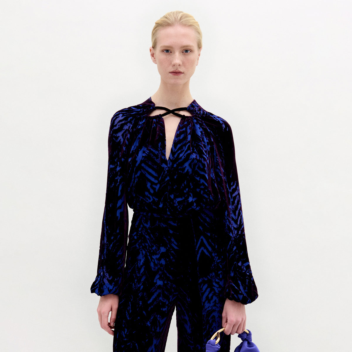 Blue Black Velvet Cross Neck Dress