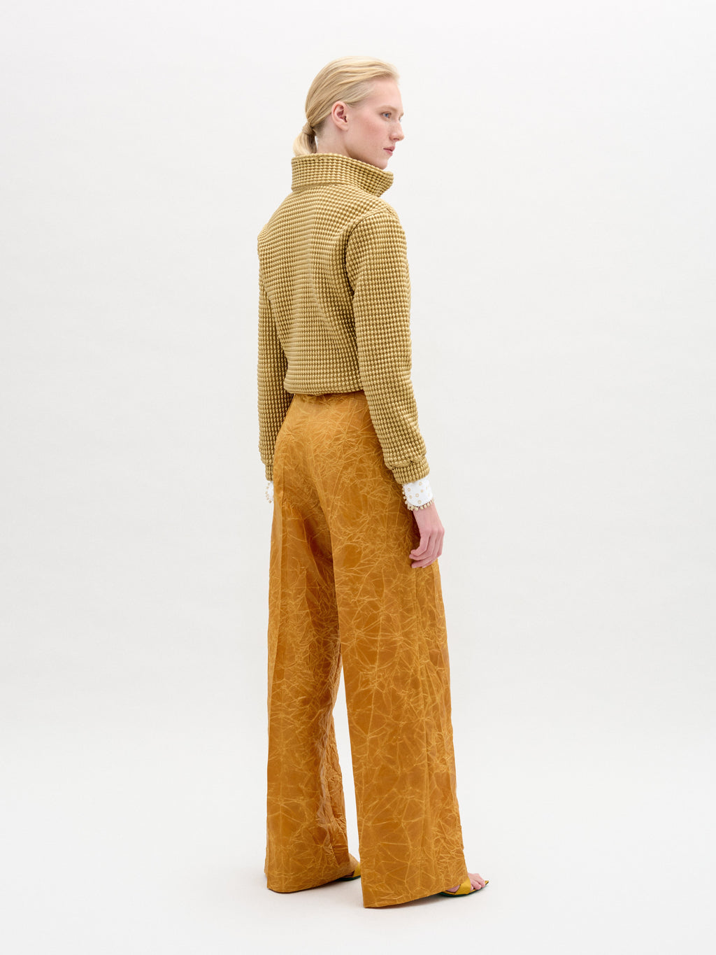 Yellow Textured Wide-Leg Pants